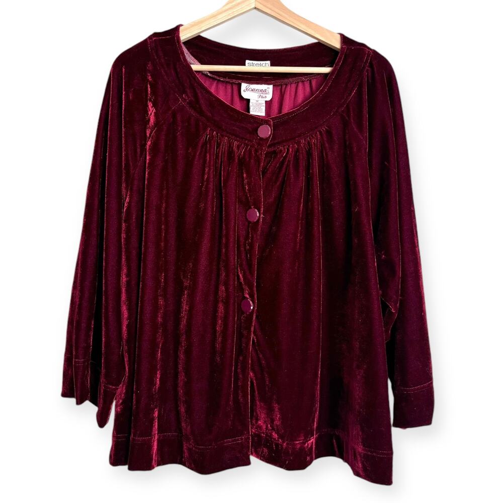 Joanna Plus Cherry Red Stretch Velvet Button Front Boat Neck Blouse Women's 1X